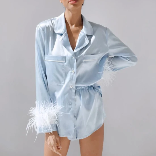 2022 Custom Wholesale Long Sleeved Shorts Pajamas Set Solid Color Sexy Silk Sleepwear Set for Women