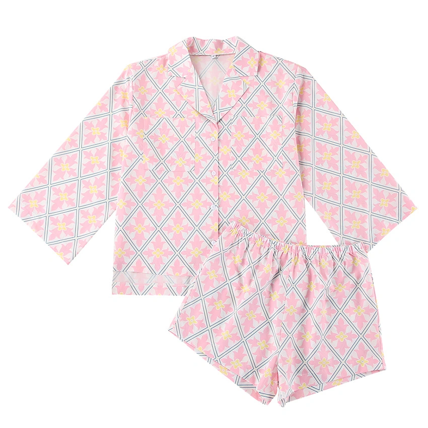 Summer Japanese Sleepwear 2 PCS Long Sleeve Print Shirt Short Pant Pajamas Set for Women