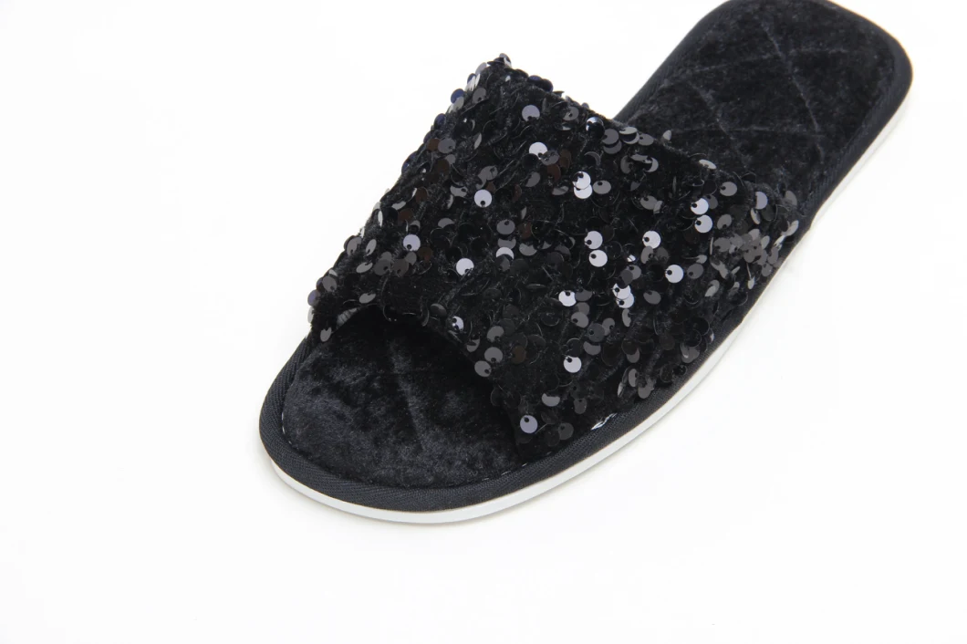 Open Toe Glitter Sequins Plush Furry Flat Mule Indoor Cozy Fuzzy Slippers Slip One Black 22as031-03