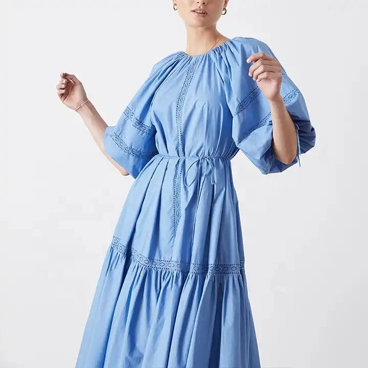 Cotton Women Summer Casual Voluminous Low Back Maxi Dress