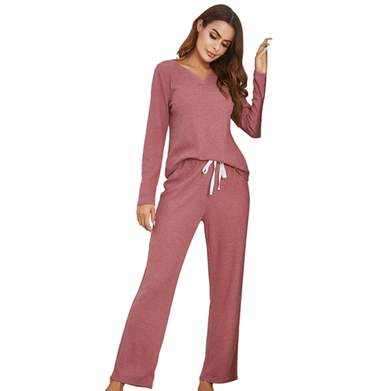 Autumn Winter Long Sleeve V Neck Loungewear Two Piece Pajamas Set Women′s Sleepwear