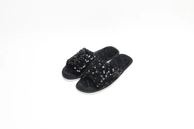 Open Toe Glitter Sequins Plush Furry Flat Mule Indoor Cozy Fuzzy Slippers Slip One Black 22as031-03