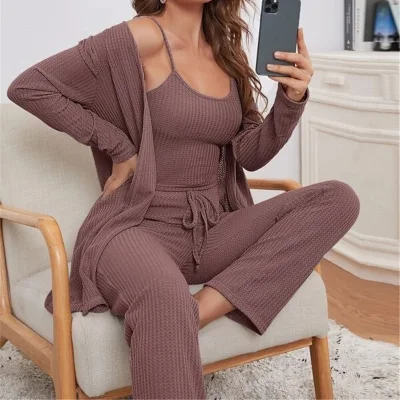 Hot Sale Three-Piece Robe Pajamas Women′s Home Wear Casual Sleepwear