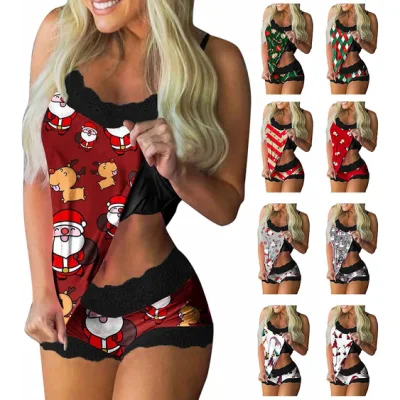 Sexy Christmas Pajamas Lace Trim Bottoms Cute Santa Elk Print Slim Two Piece Lingerie Sleepwear for Women